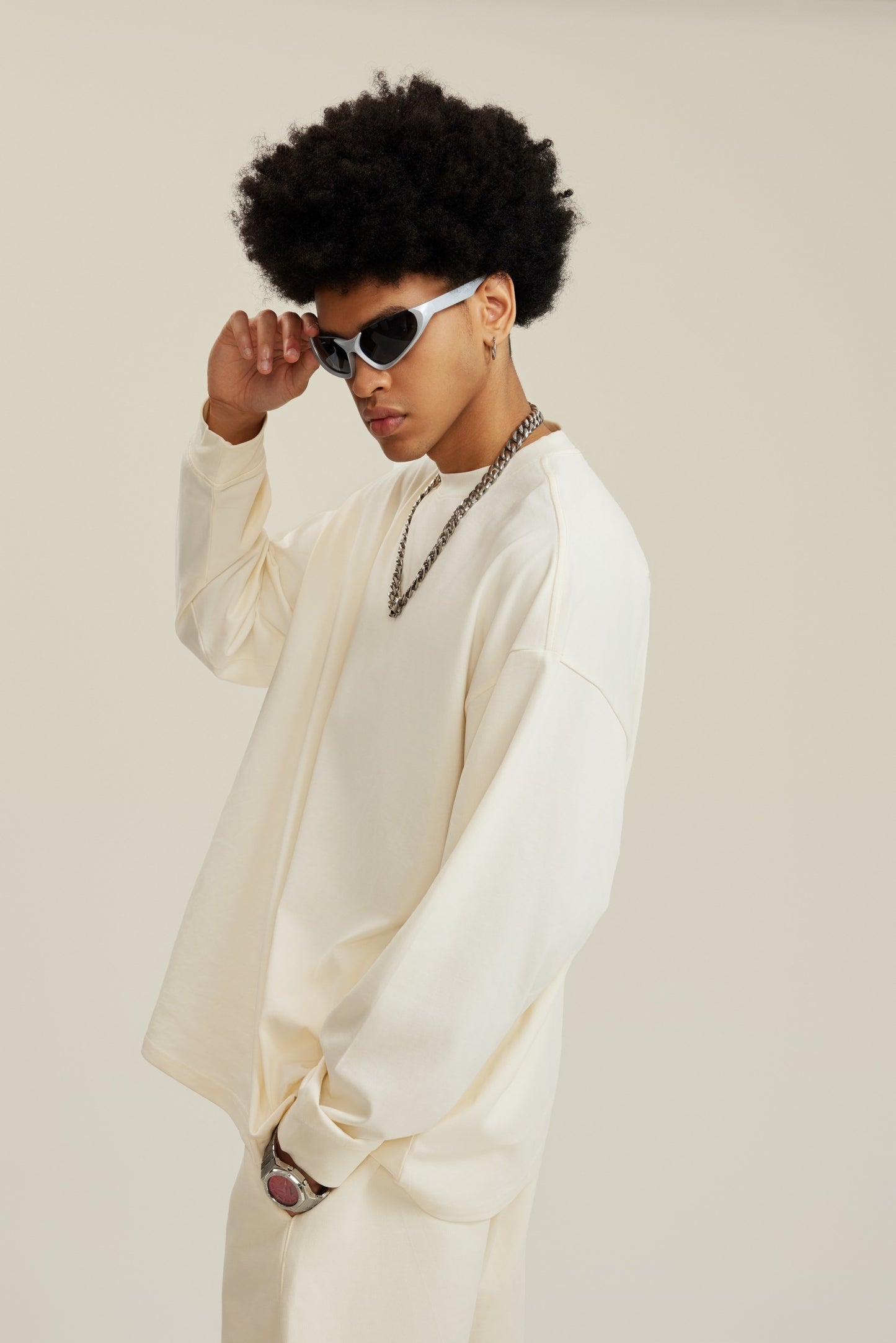 305GSM Unisex Premium Heavyweight Double-Yarn Plain Fabric Earth-Tone Basic Layering Long sleeve Milk Tea White