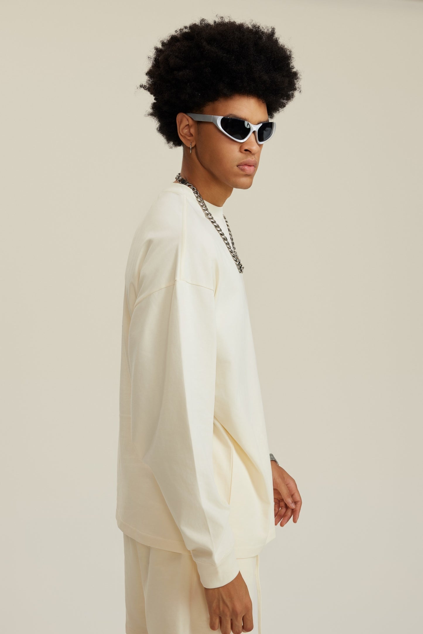 305GSM Unisex Premium Heavyweight Double-Yarn Plain Fabric Earth-Tone Basic Layering Long sleeve Milk Tea White