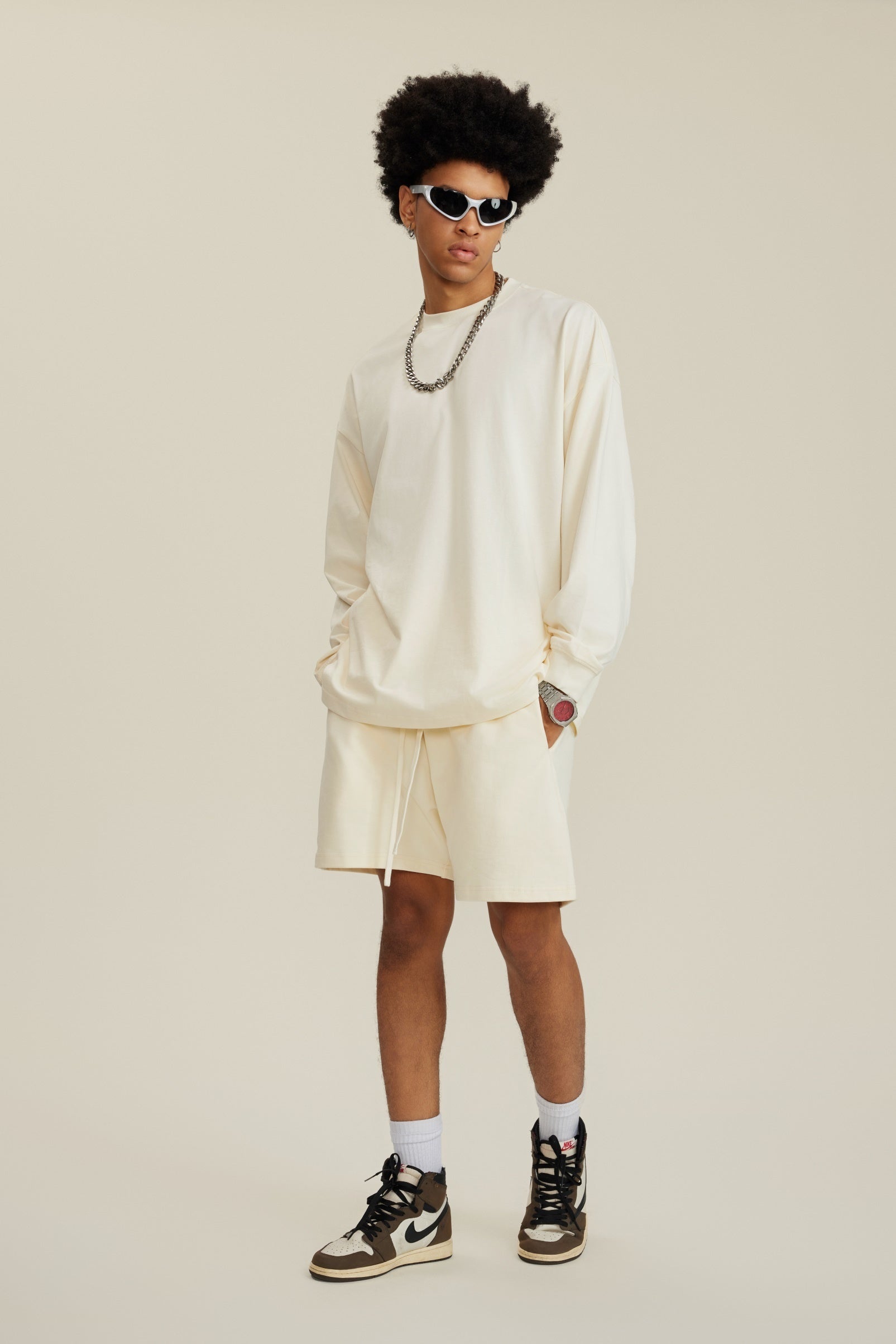 305GSM Unisex Premium Heavyweight Double-Yarn Plain Fabric Earth-Tone Basic Layering Long sleeve Milk Tea White