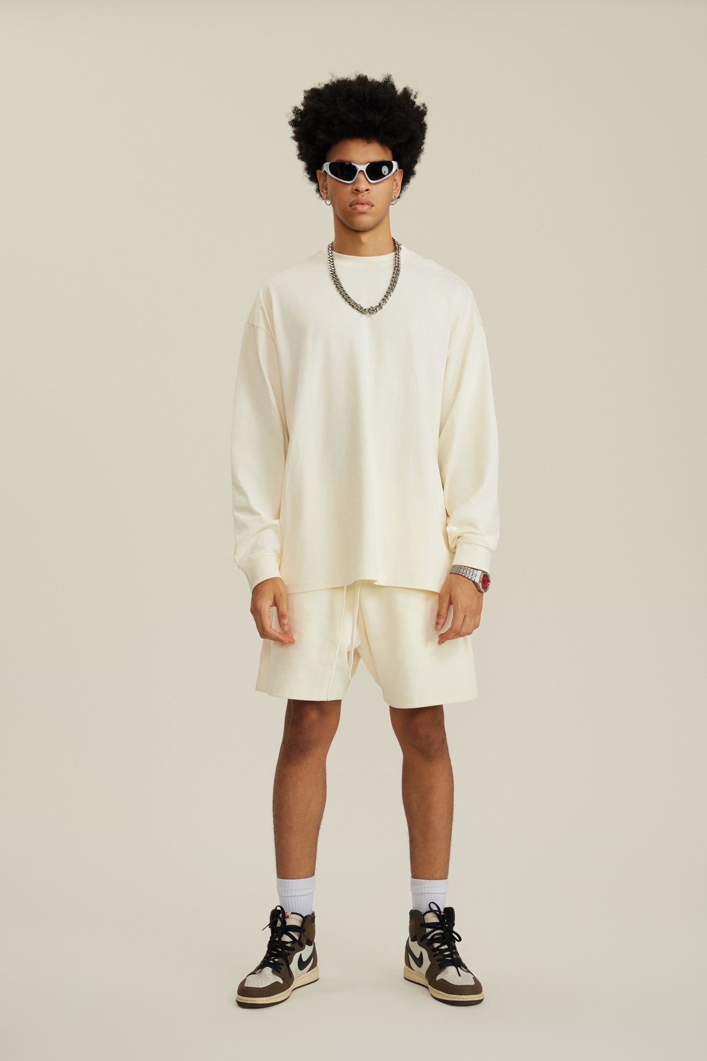 305GSM Unisex Premium Heavyweight Double-Yarn Plain Fabric Earth-Tone Basic Layering Long sleeve Milk Tea White