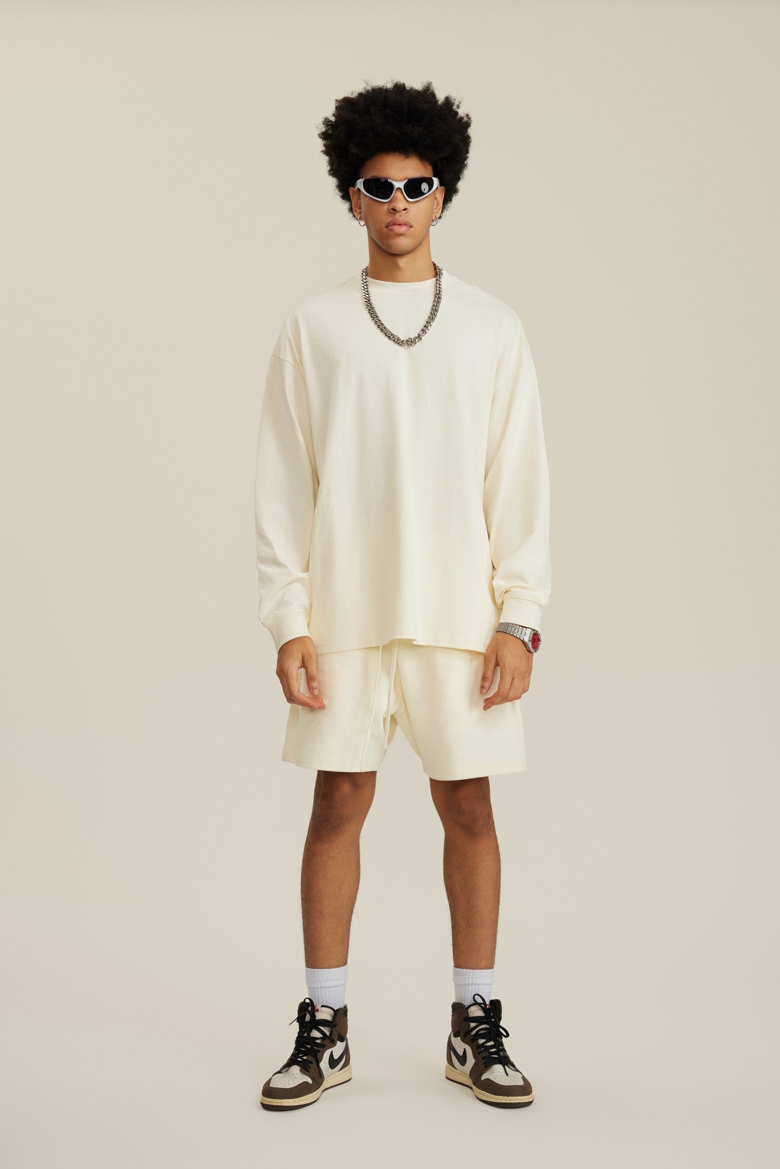 305GSM Unisex Premium Heavyweight Double-Yarn Plain Fabric Earth-Tone Basic Layering Long sleeve Milk Tea White