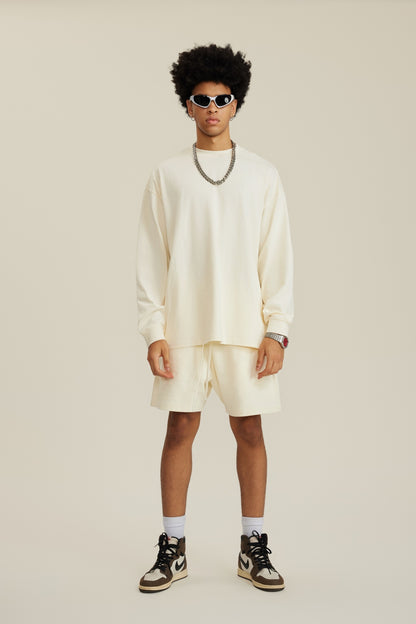 305GSM Unisex Premium Heavyweight Double-Yarn Plain Fabric Earth-Tone Basic Layering Long sleeve Milk Tea White