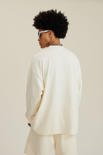 305GSM Unisex Premium Heavyweight Double-Yarn Plain Fabric Earth-Tone Basic Layering Long sleeve Milk Tea White