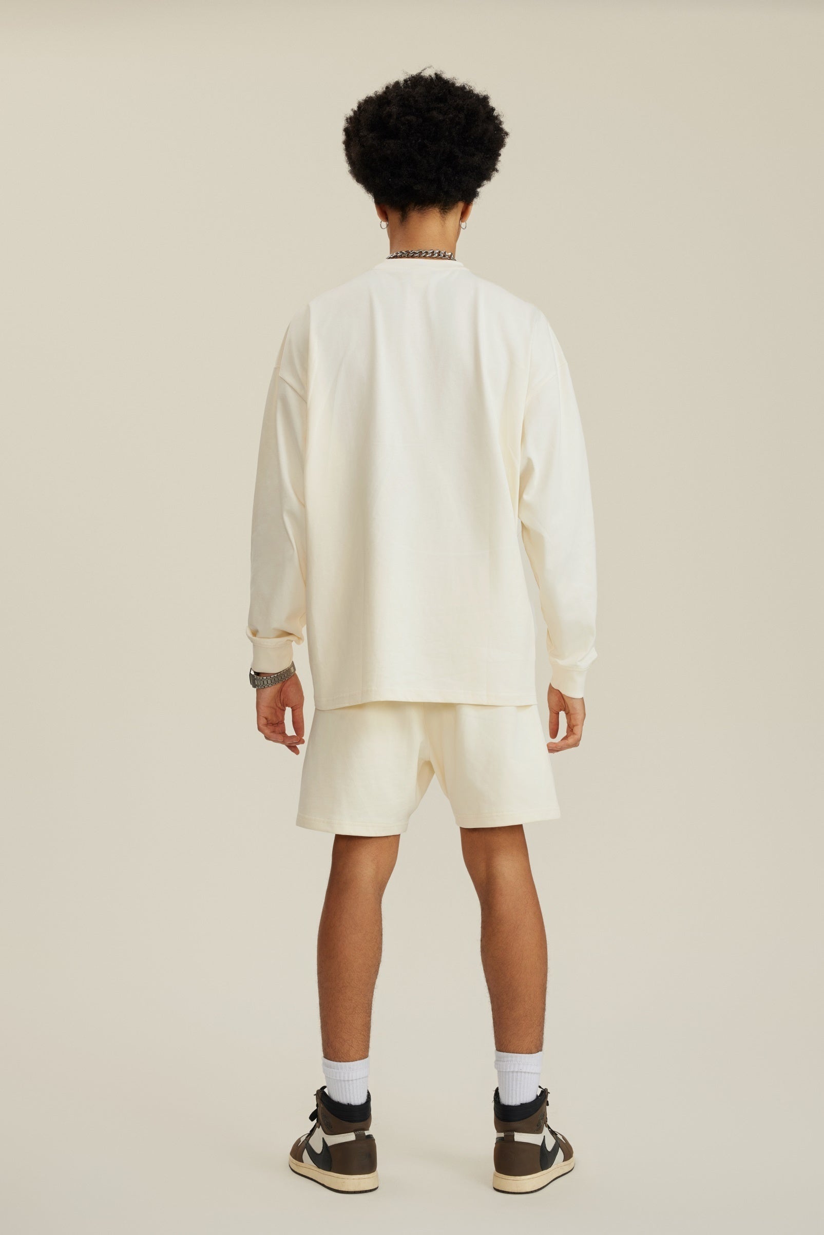 305GSM Unisex Premium Heavyweight Double-Yarn Plain Fabric Earth-Tone Basic Layering Long sleeve Milk Tea White
