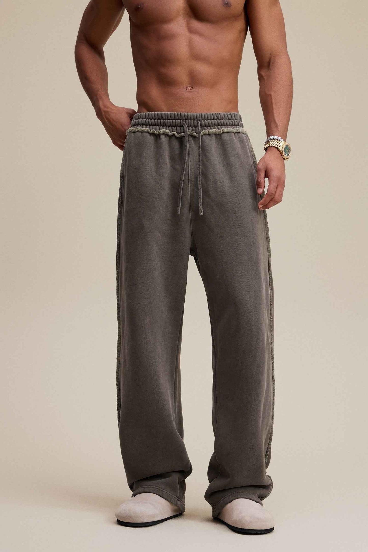 400GSM Men’s Raw-Edge Pigment-Wash Straight-Leg Pants