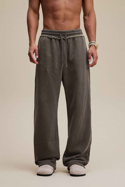 400GSM Men’s Raw-Edge Pigment-Wash Straight-Leg Pants