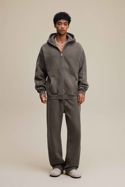 400GSM Men’s Raw-Edge Pigment-Wash Straight-Leg Pants