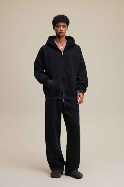 400GSM Men’s Raw-Edge Pigment-Wash Straight-Leg Pants