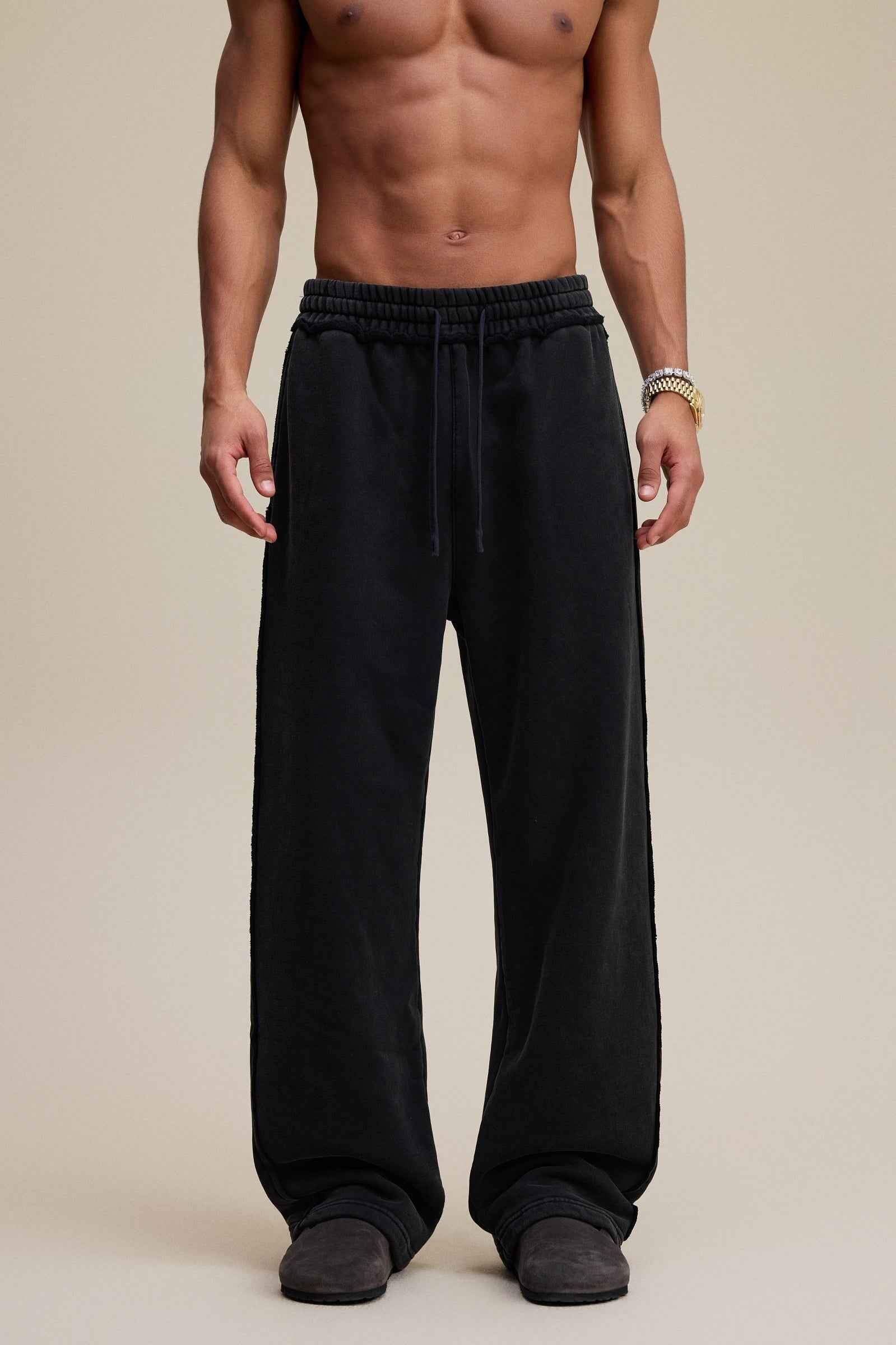 400GSM Men’s Raw-Edge Pigment-Wash Straight-Leg Pants