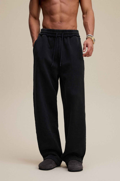 400GSM Men’s Raw-Edge Pigment-Wash Straight-Leg Pants