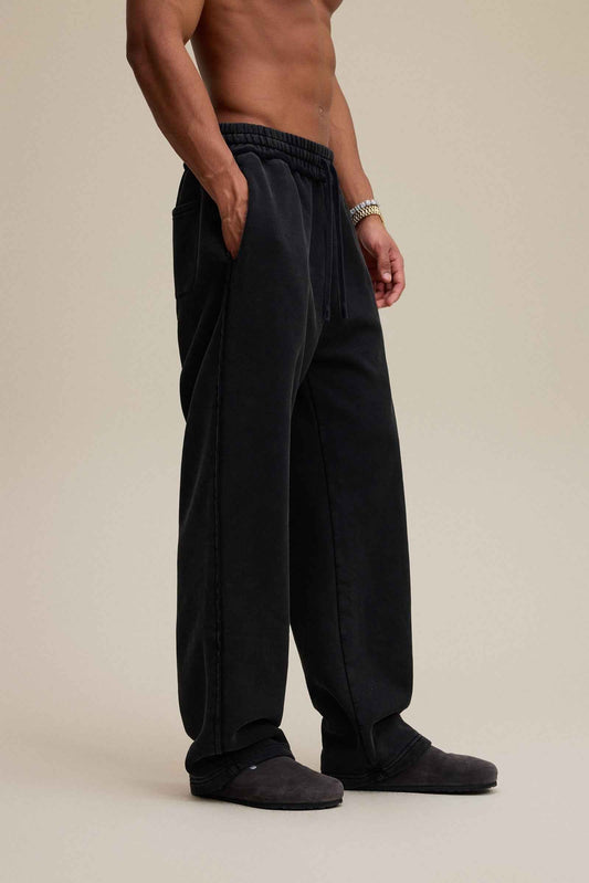 400GSM Men’s Raw-Edge Pigment-Wash Straight-Leg Pants