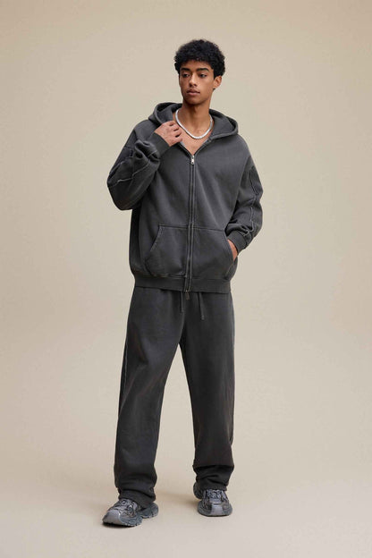 400GSM Men’s Raw-Edge Pigment-Wash Straight-Leg Pants