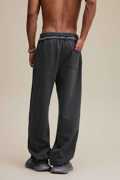 400GSM Men’s Raw-Edge Pigment-Wash Straight-Leg Pants