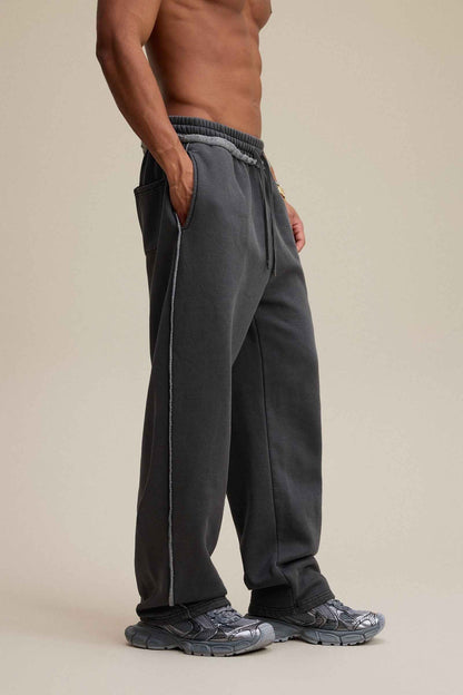 400GSM Men’s Raw-Edge Pigment-Wash Straight-Leg Pants