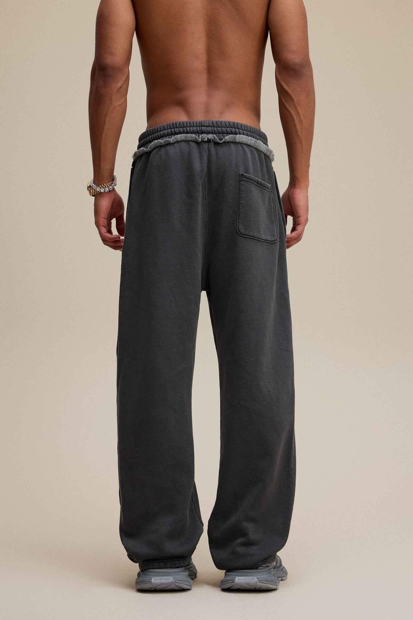 400GSM Men’s Raw-Edge Pigment-Wash Straight-Leg Pants