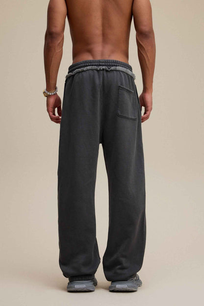 400GSM Men’s Raw-Edge Pigment-Wash Straight-Leg Pants