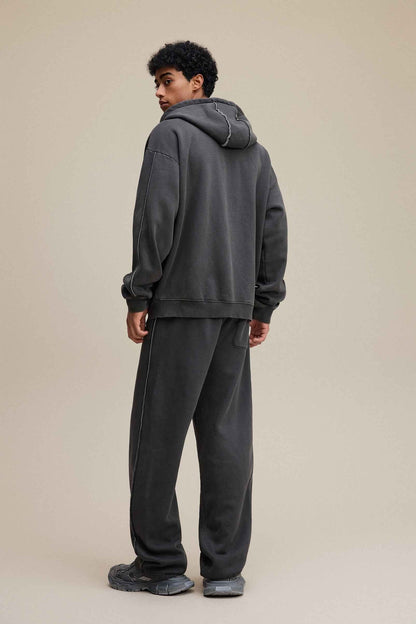 400GSM Men’s Raw-Edge Pigment-Wash Straight-Leg Pants