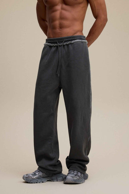400GSM Men’s Raw-Edge Pigment-Wash Straight-Leg Pants