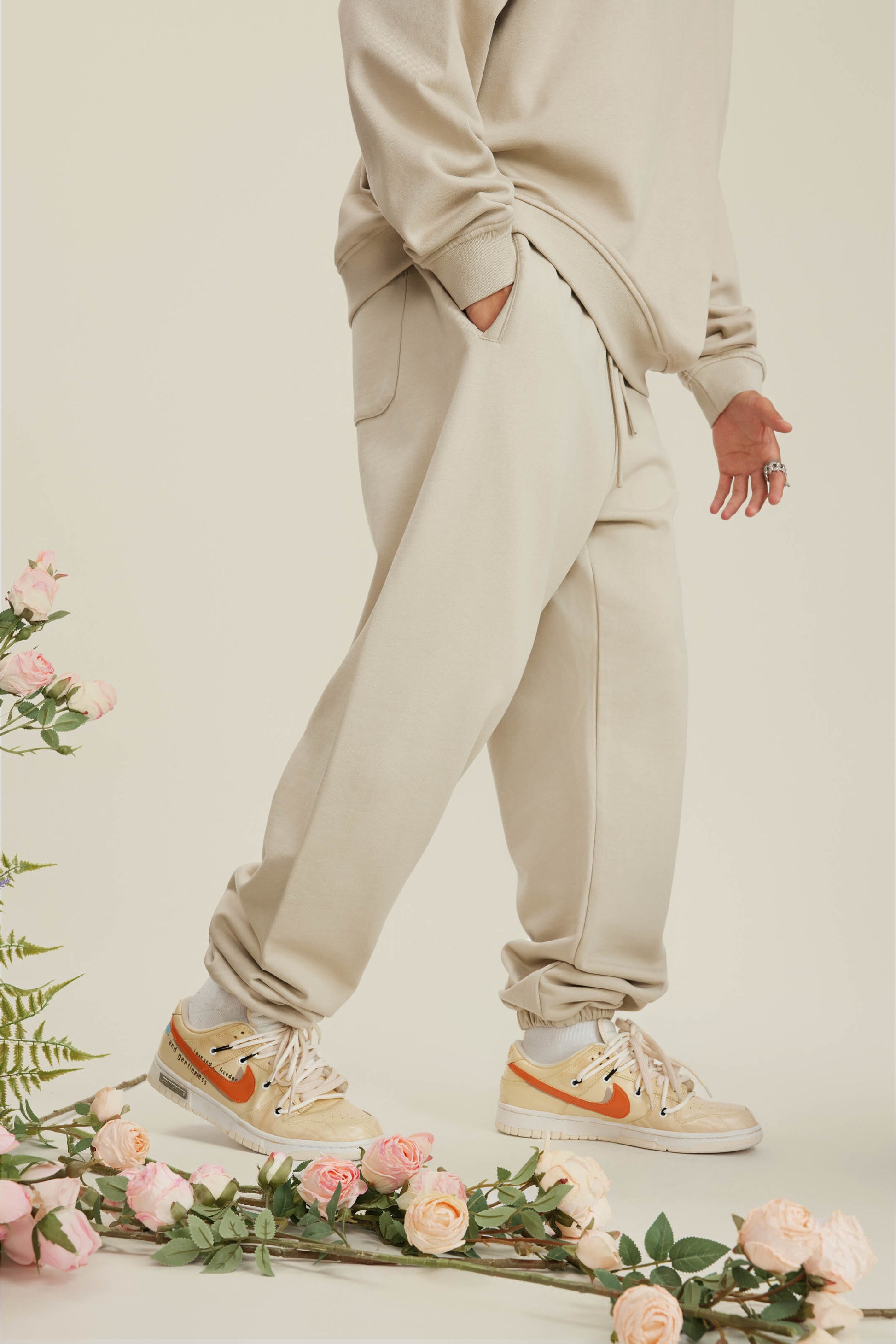 440GSM Men’s Relaxed Fit Loopback Terry Jogger Pants Milk Tea White