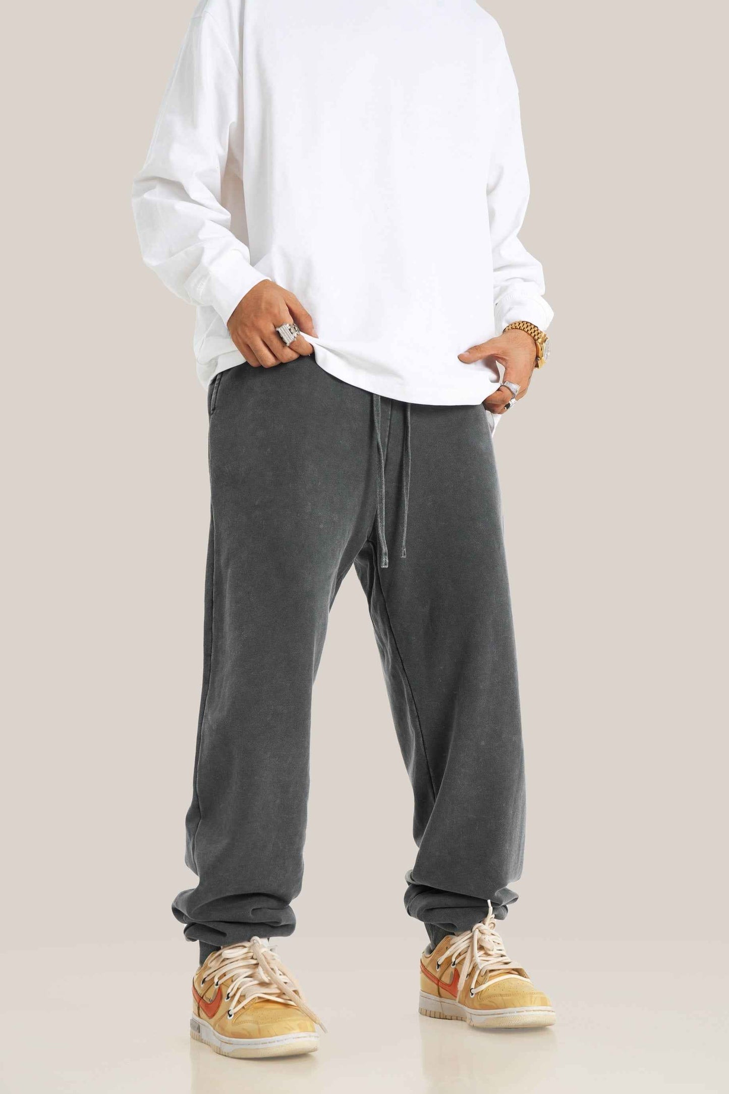 400GSM Men's Heavyweight Snow-Washed Ribbed-Cuff Jogger Pants