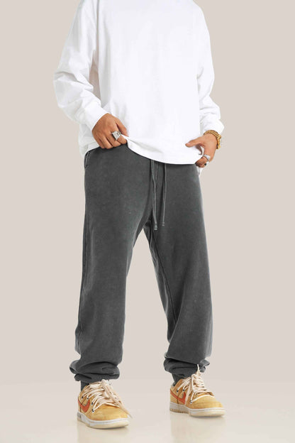 400GSM Men's Heavyweight Snow-Washed Ribbed-Cuff Jogger Pants