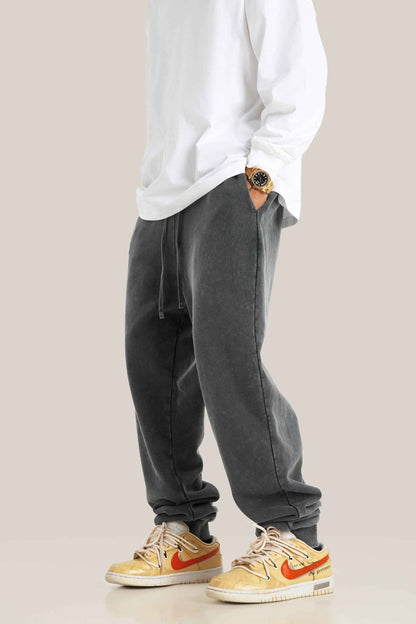 400GSM Men's Heavyweight Snow-Washed Ribbed-Cuff Jogger Pants