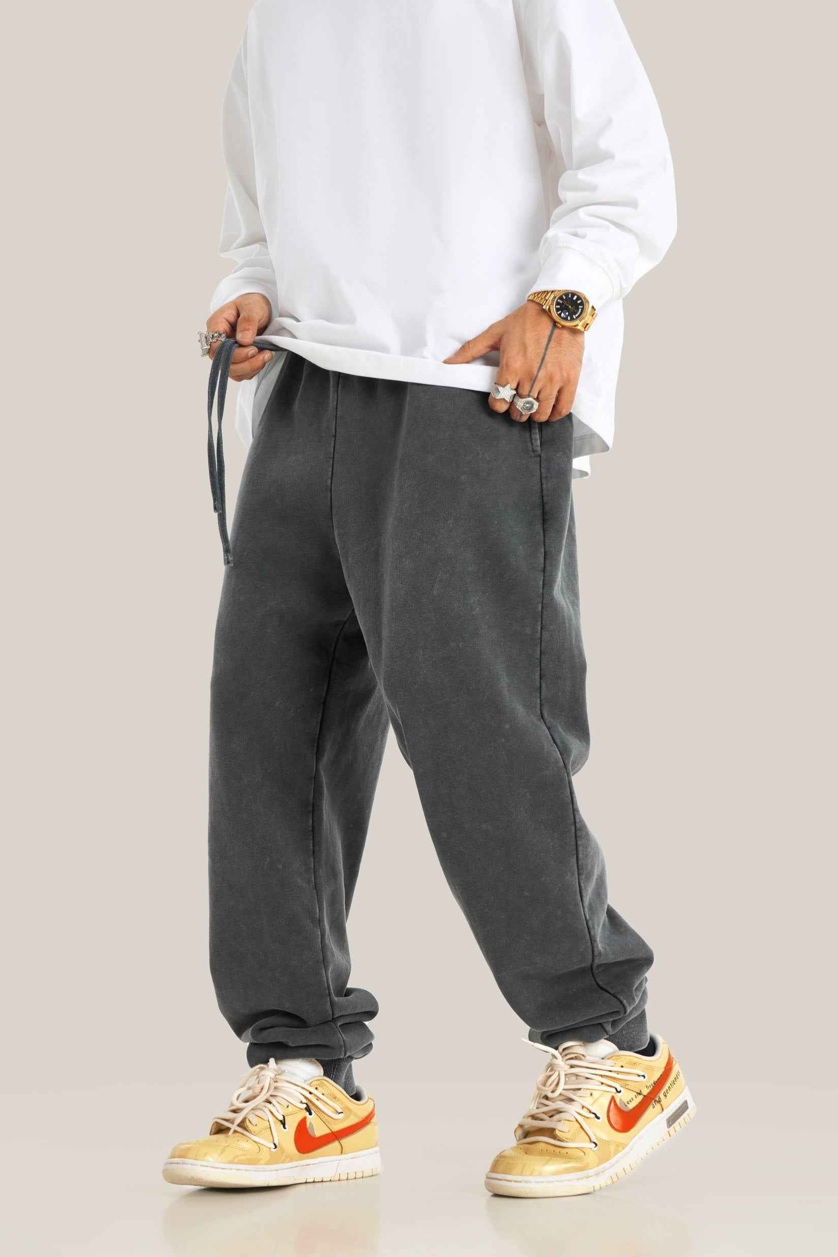 400GSM Men's Heavyweight Snow-Washed Ribbed-Cuff Jogger Pants