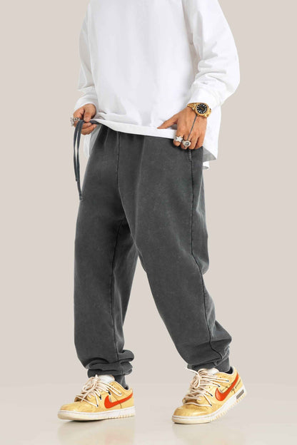 400GSM Men's Heavyweight Snow-Washed Ribbed-Cuff Jogger Pants