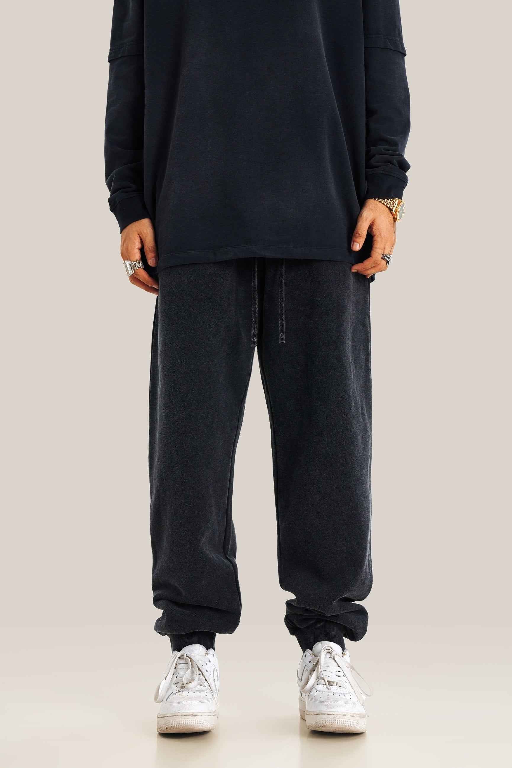 400GSM Men's Heavyweight Snow-Washed Ribbed-Cuff Jogger Pants