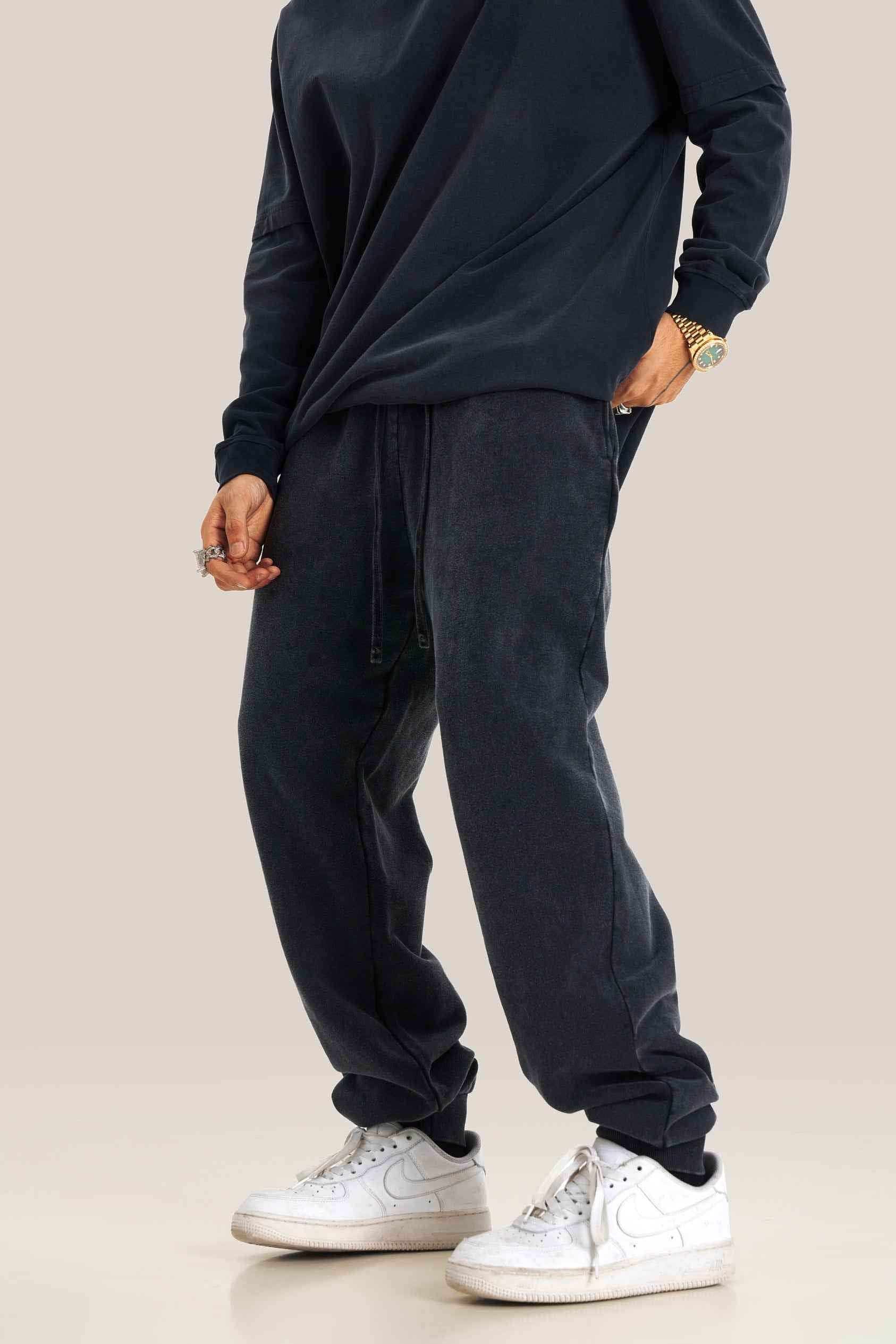 400GSM Men's Heavyweight Snow-Washed Ribbed-Cuff Jogger Pants