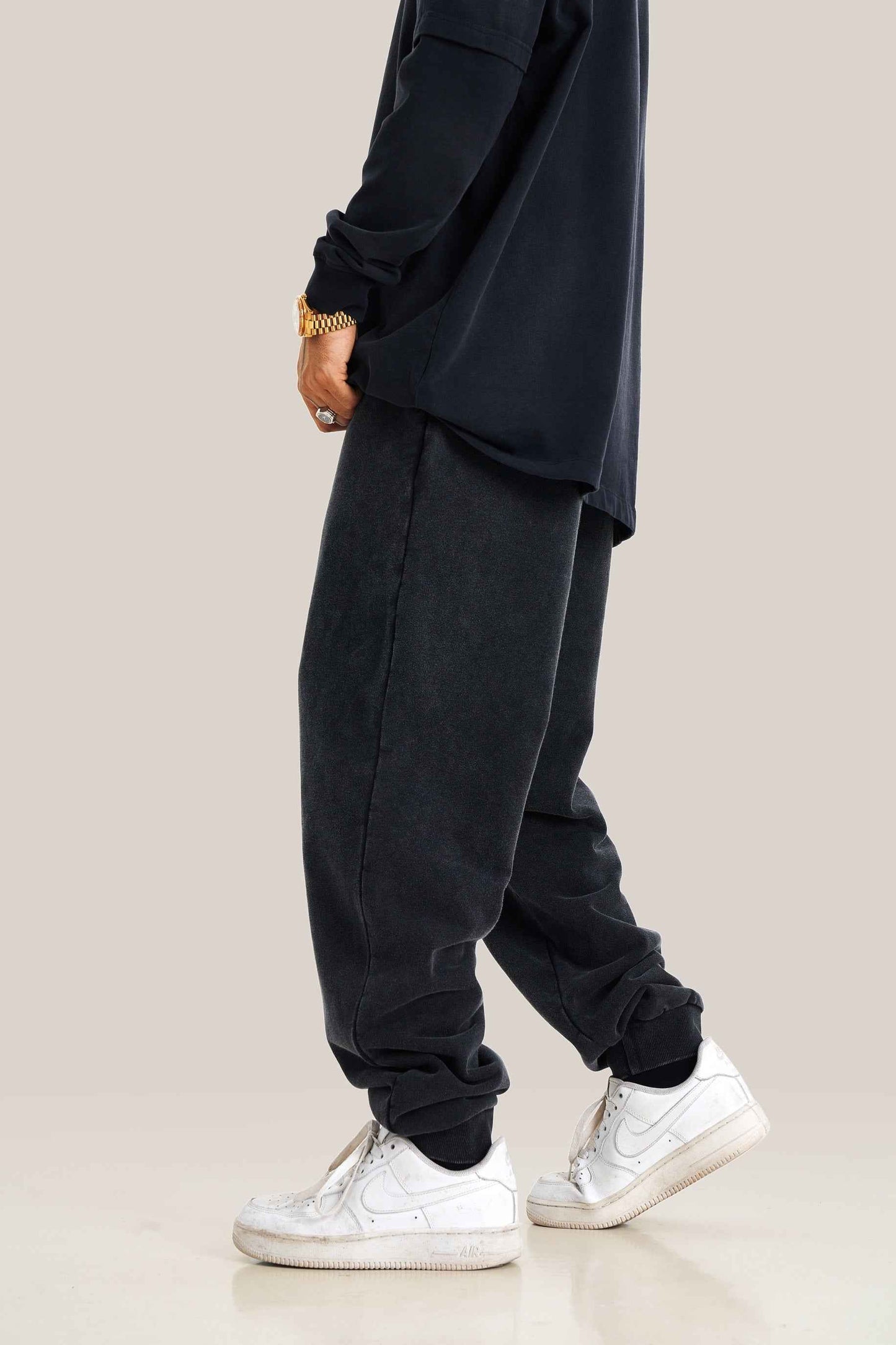 400GSM Men's Heavyweight Snow-Washed Ribbed-Cuff Jogger Pants