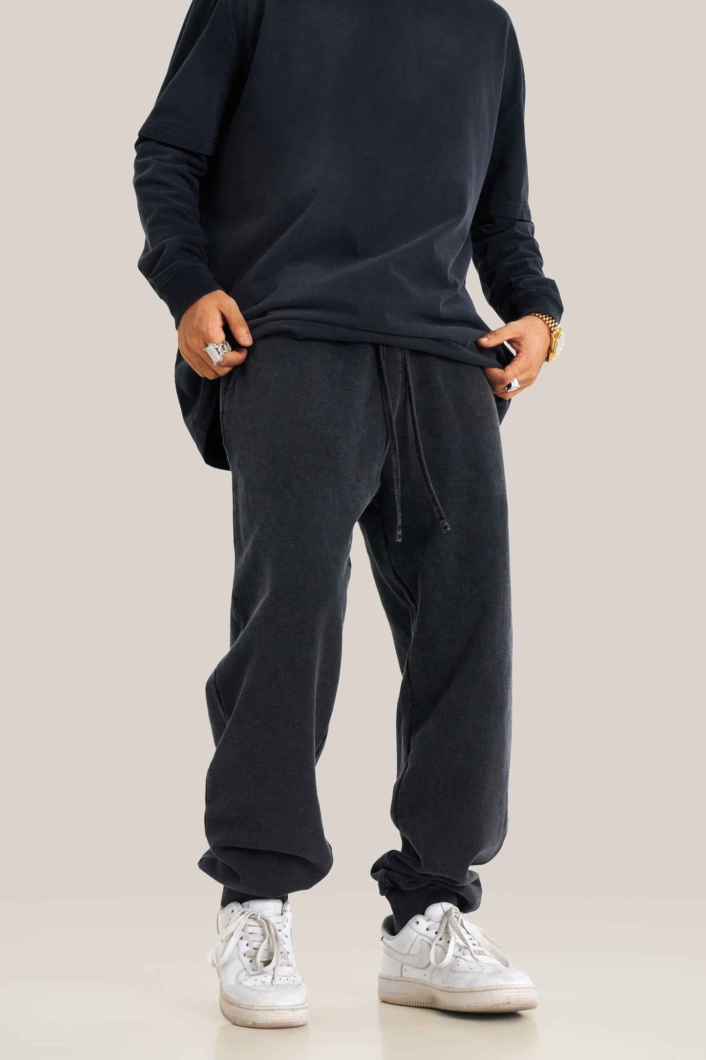 400GSM Men's Heavyweight Snow-Washed Ribbed-Cuff Jogger Pants