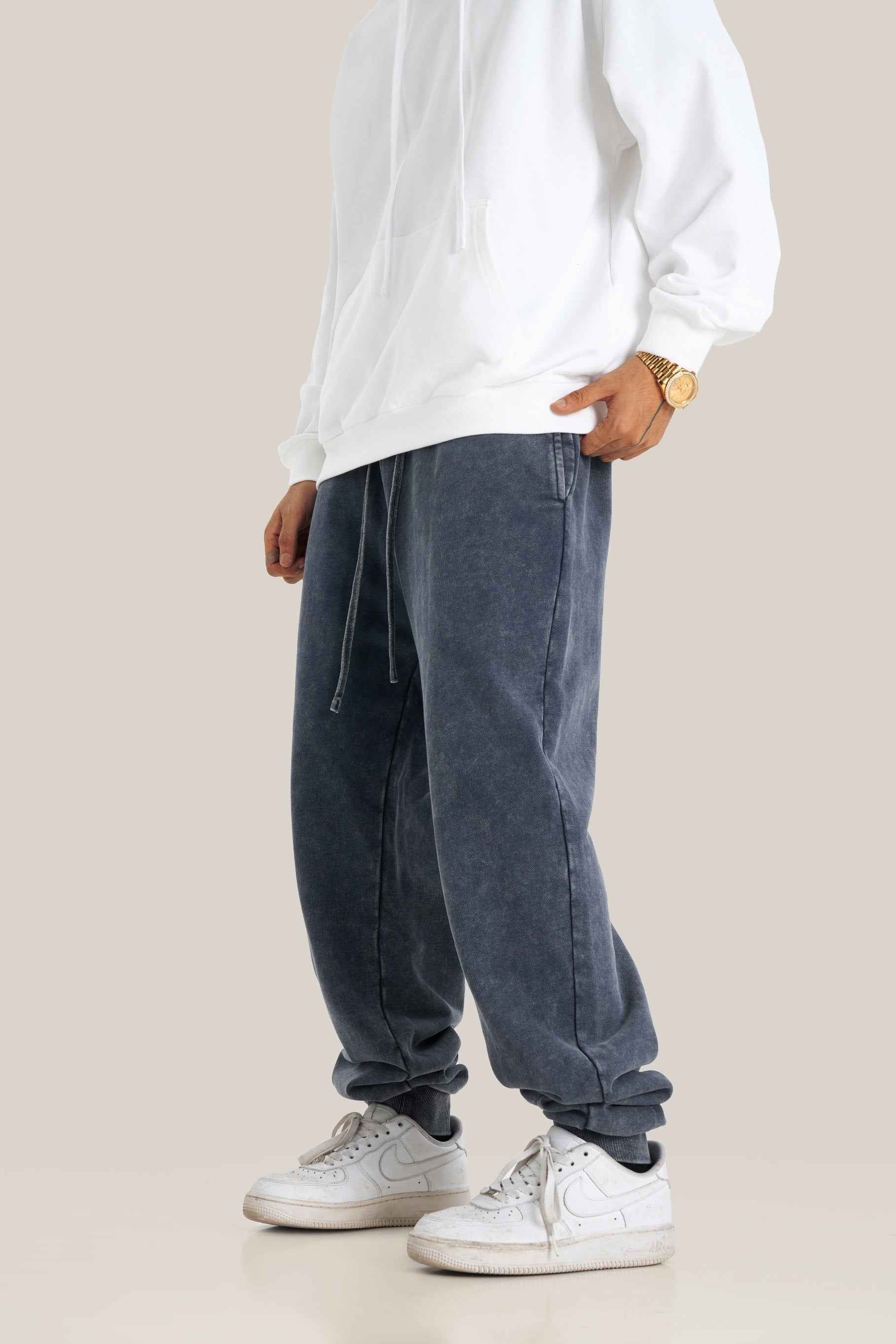 400GSM Men's Heavyweight Snow-Washed Ribbed-Cuff Jogger Pants