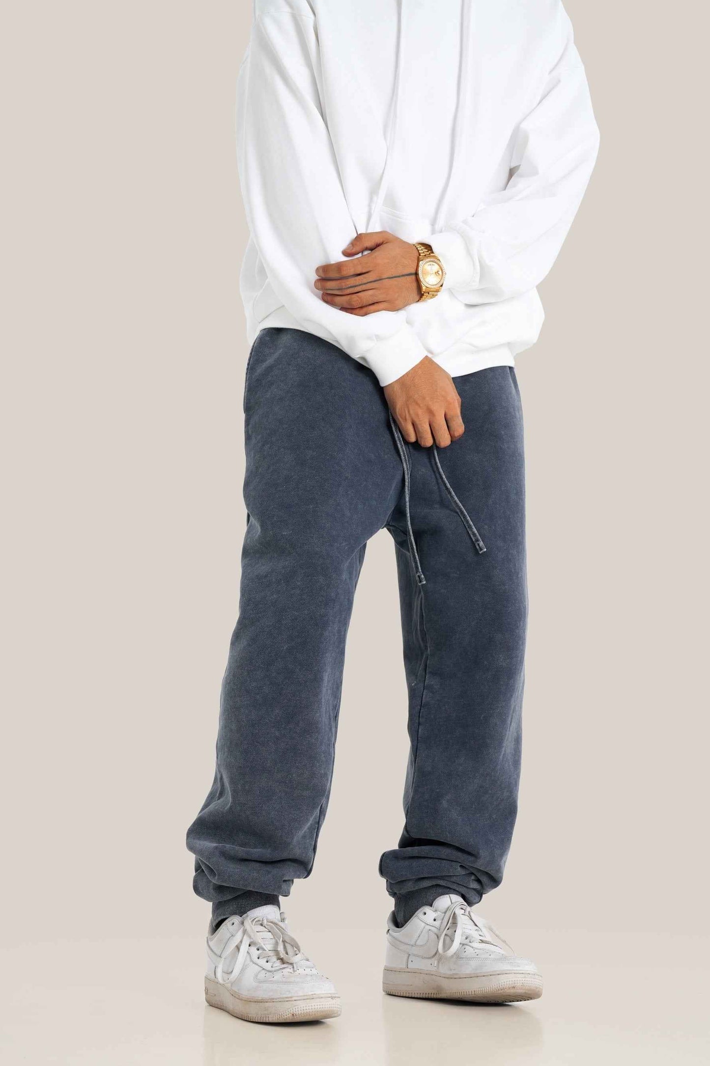 400GSM Men's Heavyweight Snow-Washed Ribbed-Cuff Jogger Pants