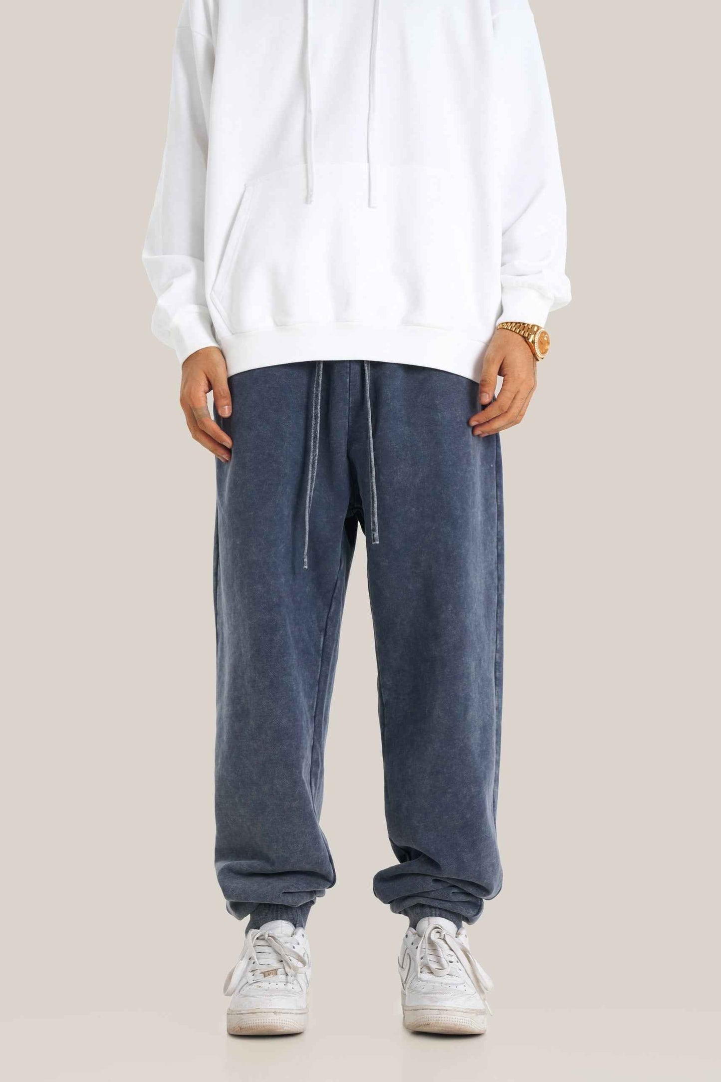 400GSM Men's Heavyweight Snow-Washed Ribbed-Cuff Jogger Pants