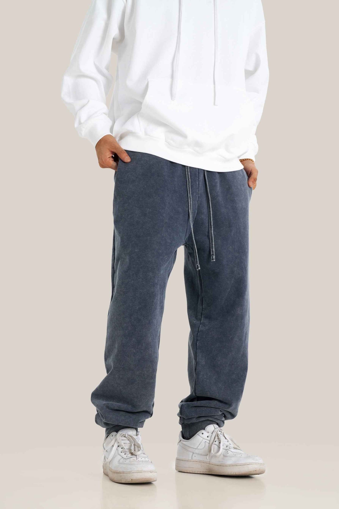 400GSM Men's Heavyweight Snow-Washed Ribbed-Cuff Jogger Pants