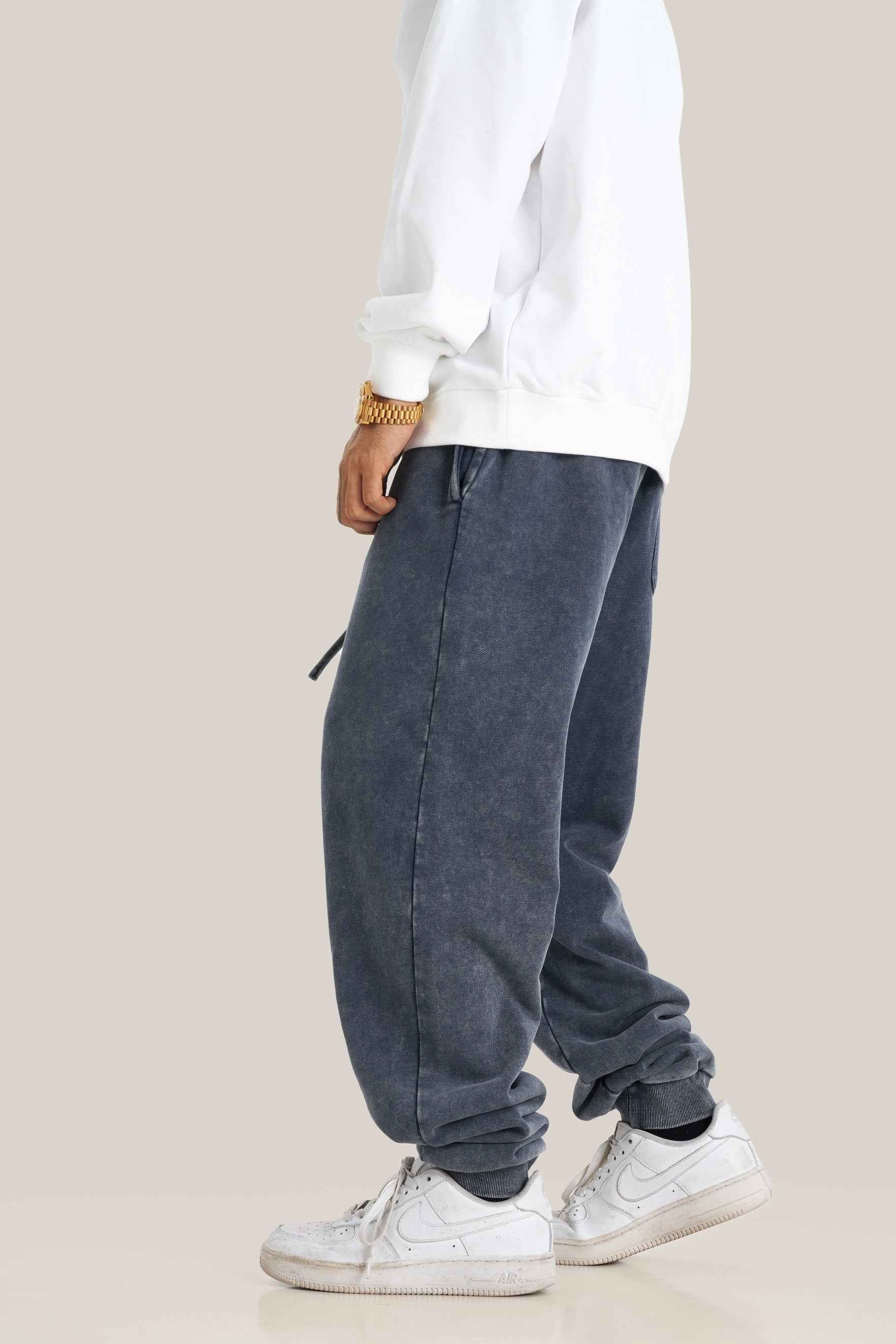 400GSM Men's Heavyweight Snow-Washed Ribbed-Cuff Jogger Pants