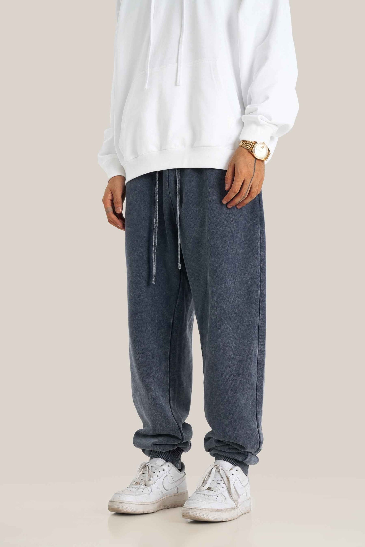 400GSM Men's Heavyweight Snow-Washed Ribbed-Cuff Jogger Pants