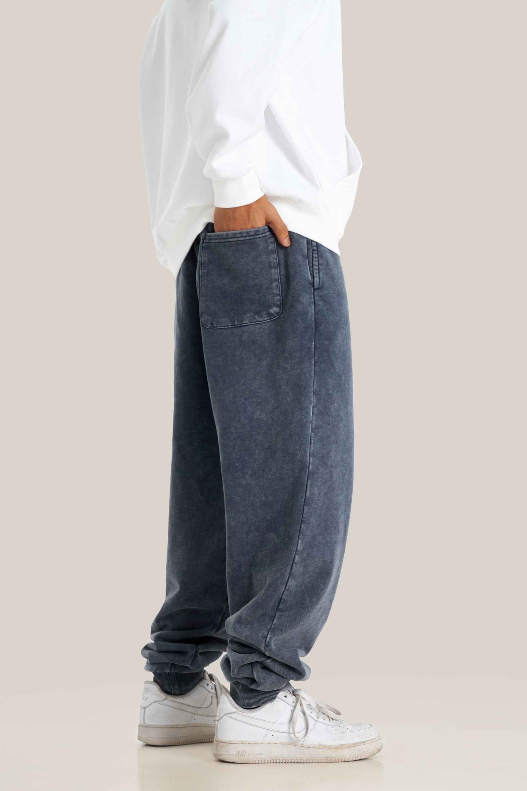 400GSM Men's Heavyweight Snow-Washed Ribbed-Cuff Jogger Pants