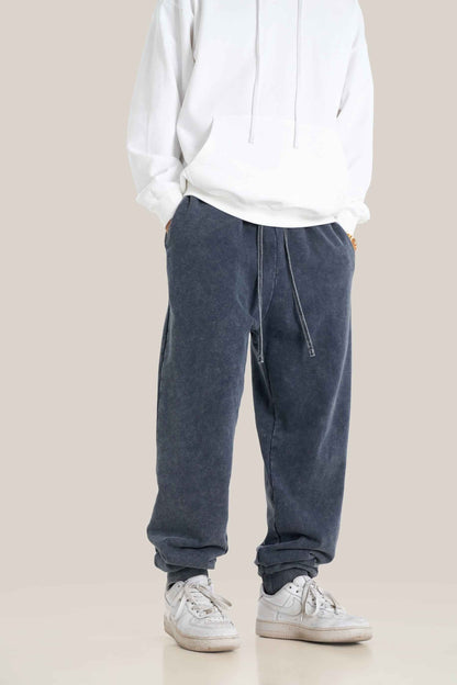 400GSM Men's Heavyweight Snow-Washed Ribbed-Cuff Jogger Pants