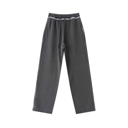 400GSM Men’s Raw-Edge Pigment-Wash Straight-Leg Pants