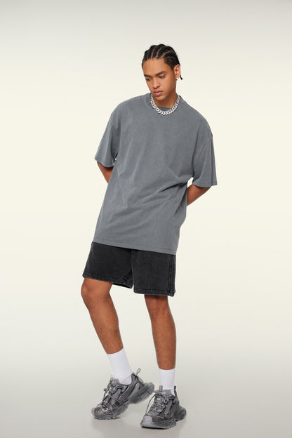 260GSM Unisex Heavyweight Re-Washed Distressed Crew Neck T-shirt Slate blue