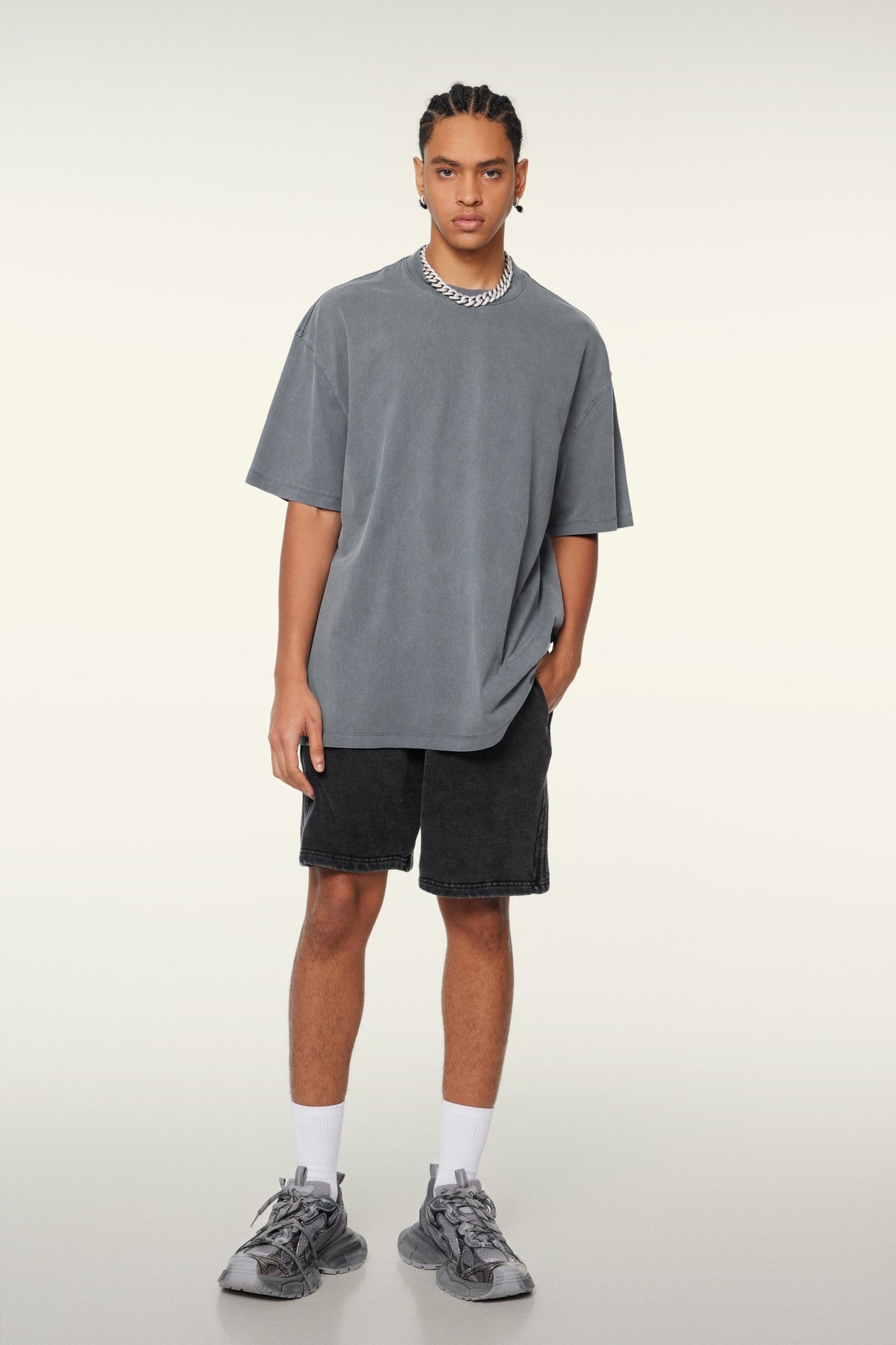 260GSM Unisex Heavyweight Re-Washed Distressed Crew Neck T-shirt Slate blue