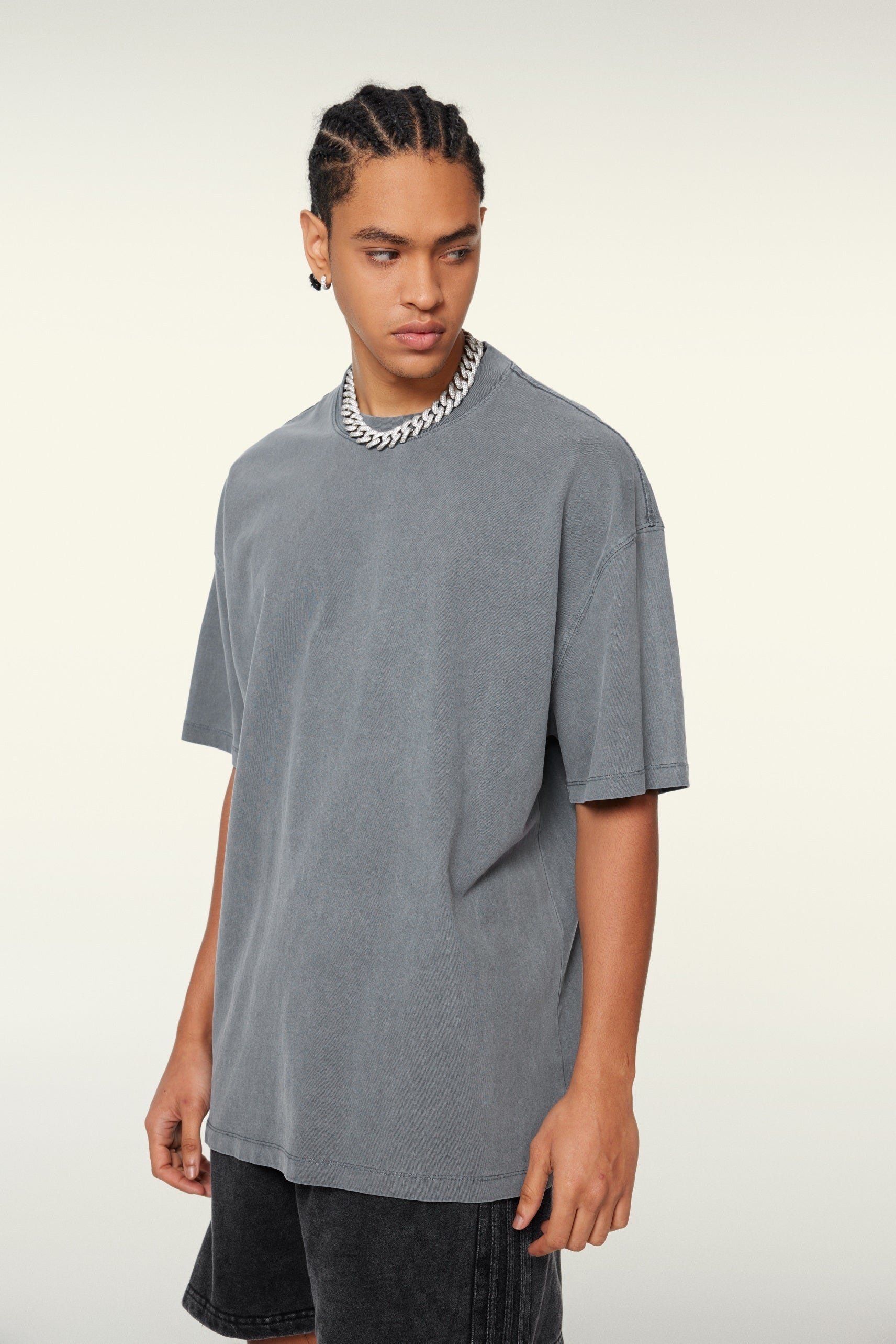 260GSM Unisex Heavyweight Re-Washed Distressed Crew Neck T-shirt Slate blue