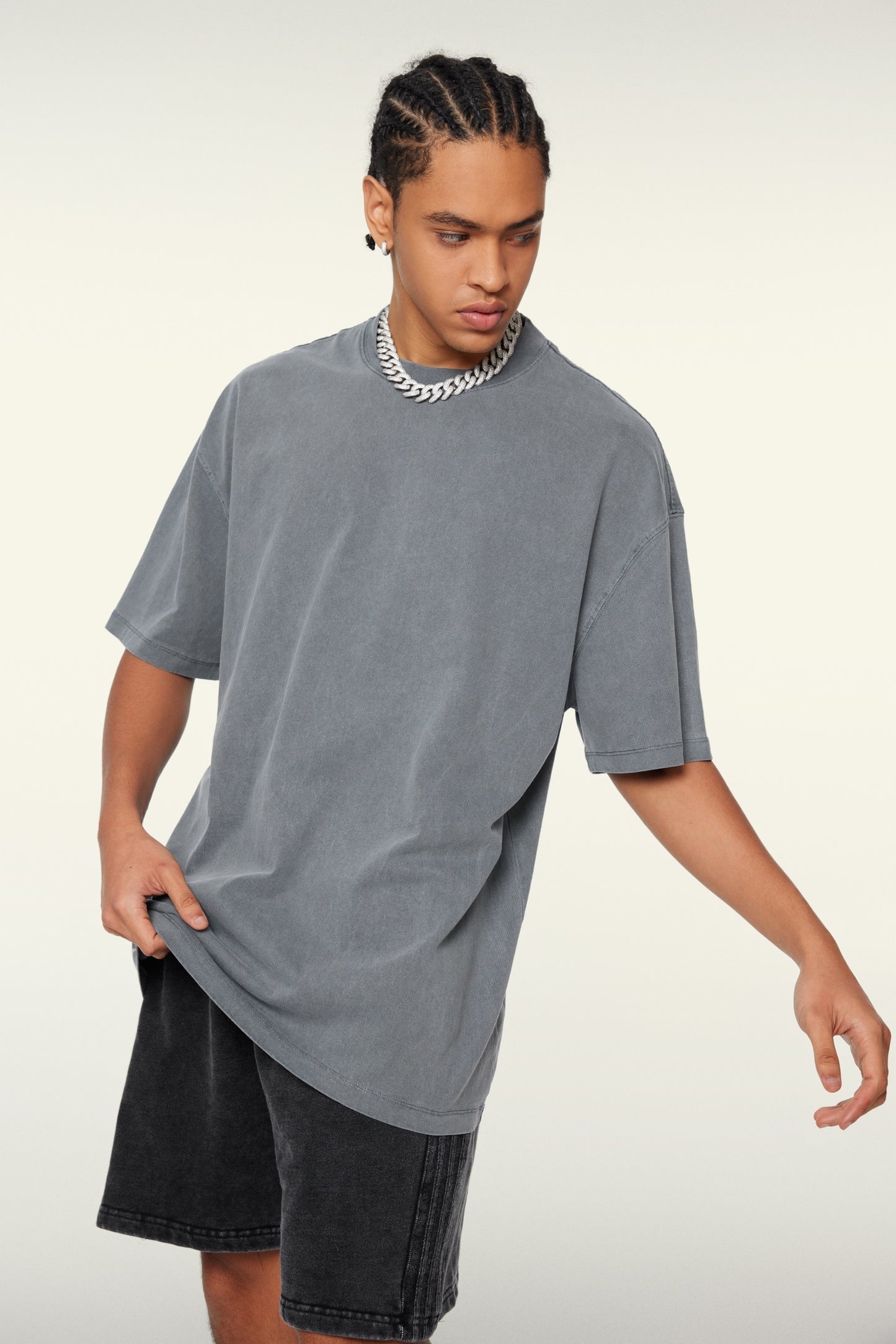260GSM Unisex Heavyweight Re-Washed Distressed Crew Neck T-shirt Slate blue