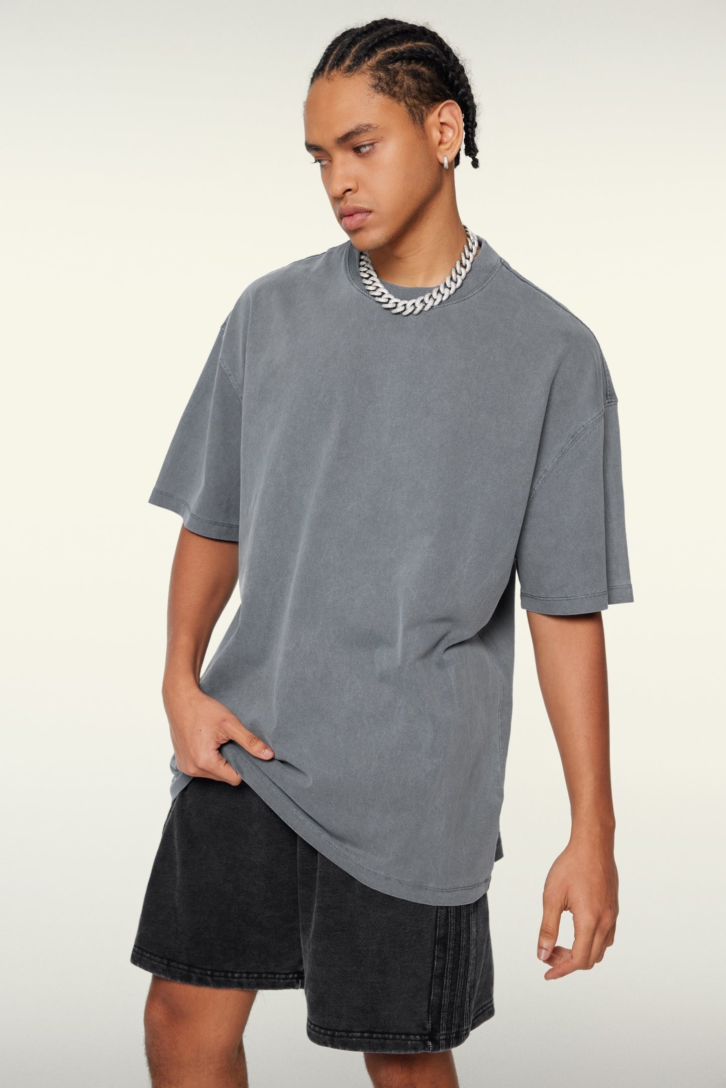 260GSM Unisex Heavyweight Re-Washed Distressed Crew Neck T-shirt Slate blue