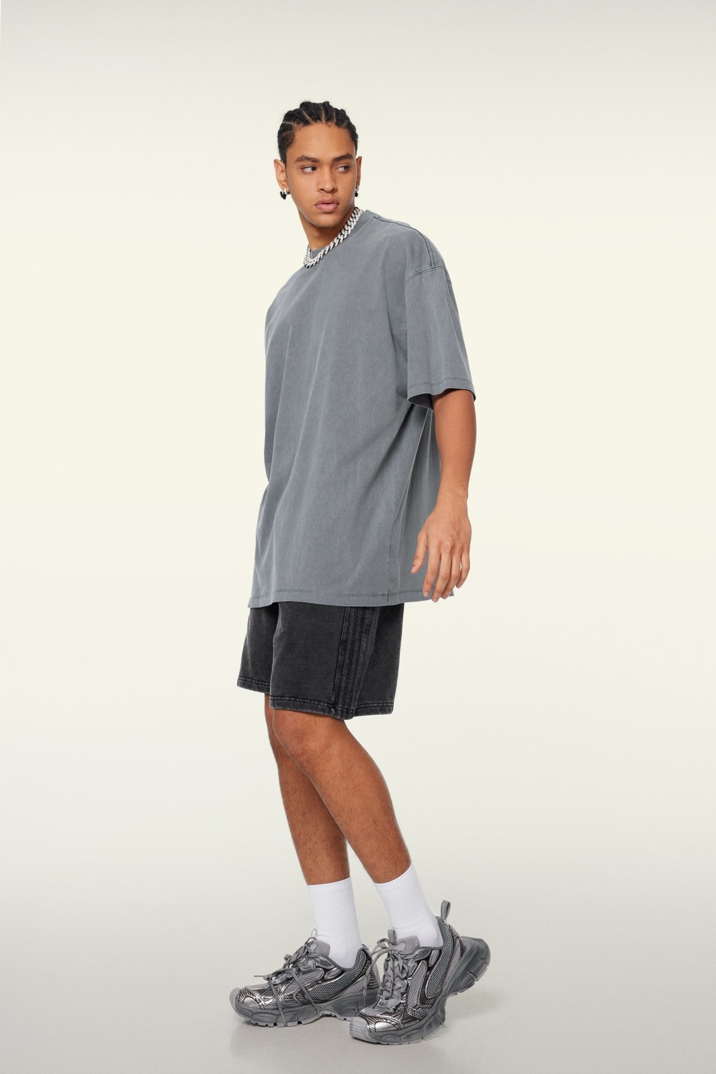 260GSM Unisex Heavyweight Re-Washed Distressed Crew Neck T-shirt Slate blue