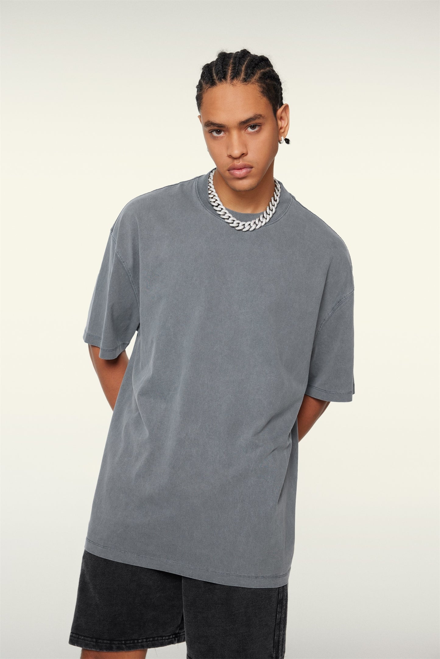 260GSM Unisex Heavyweight Re-Washed Distressed Crew Neck T-shirt Slate blue