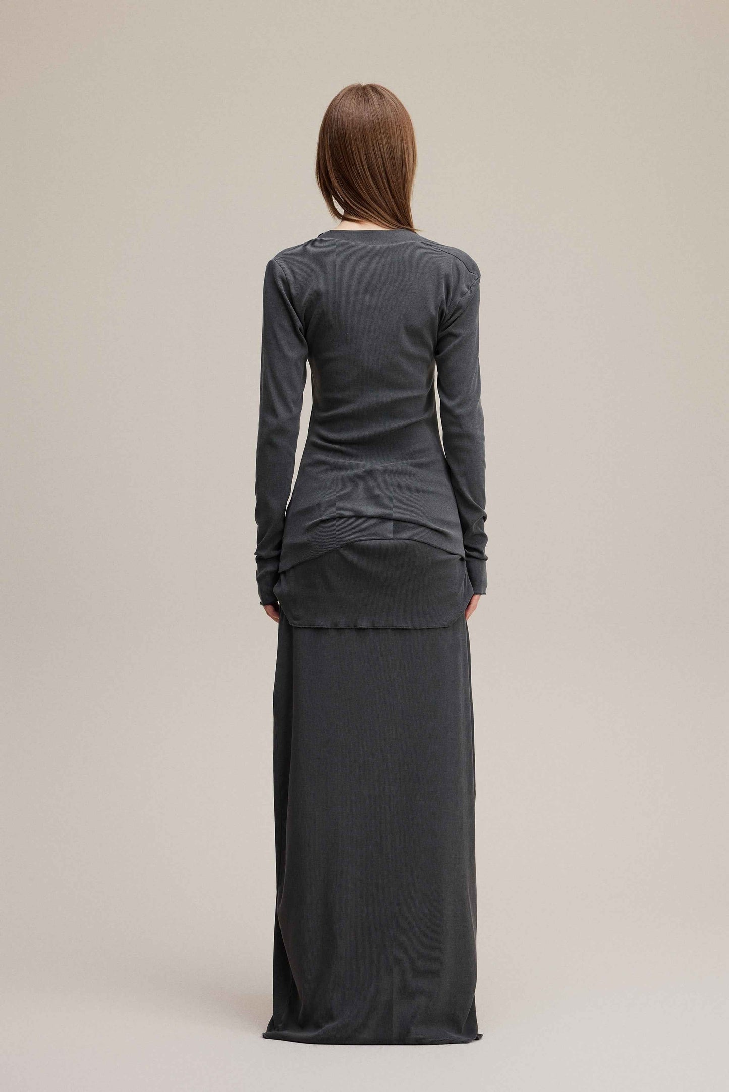 275GSM Women's Slim-Fit Asymmetrical Shoulder Pigment-Wash Long-Sleeve T-shirt