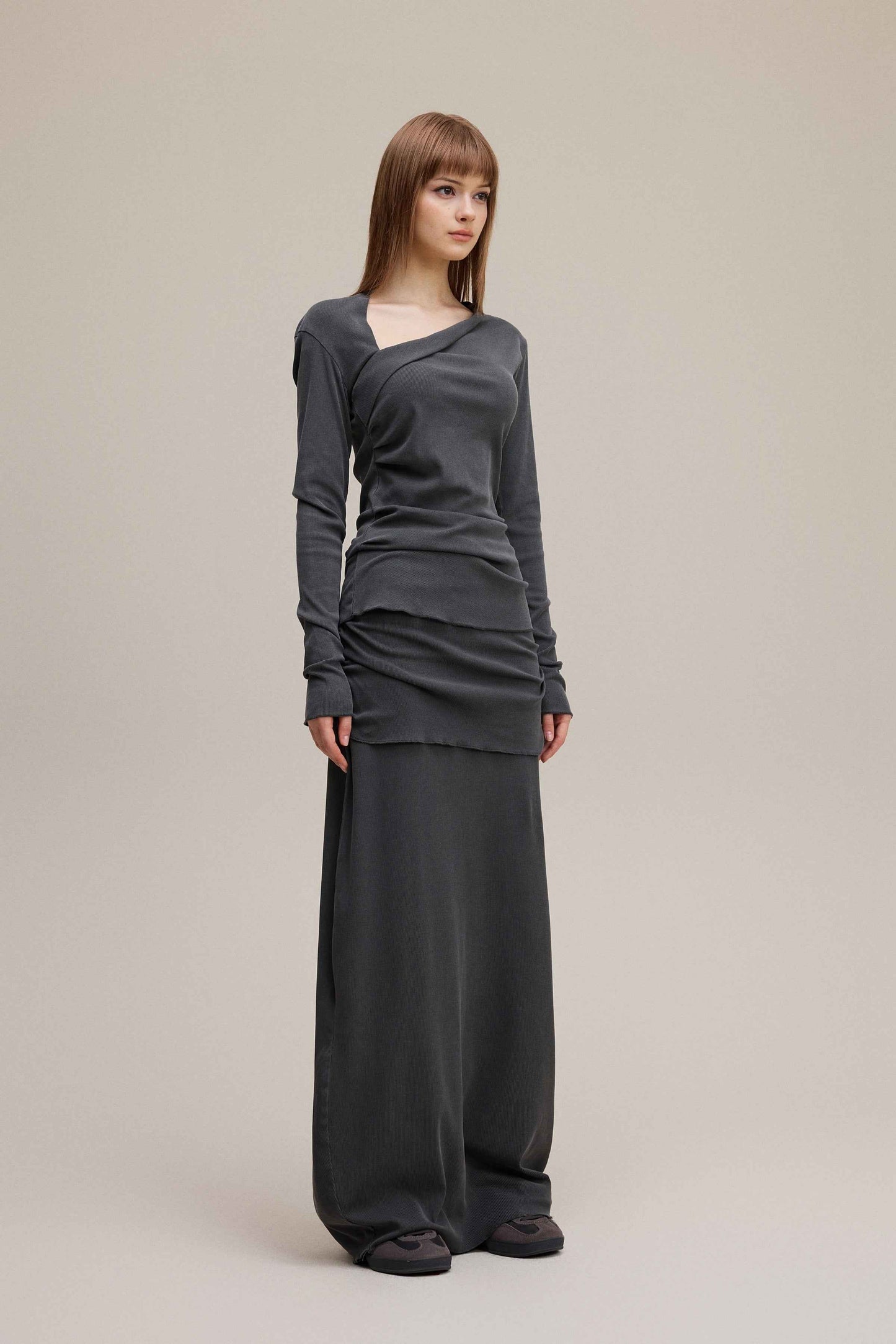 275GSM Women's Slim-Fit Asymmetrical Shoulder Pigment-Wash Long-Sleeve T-shirt